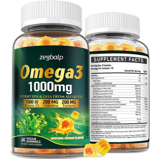 ZEGBALP Omega-3 gummies jar-front label for easy daily wellness.