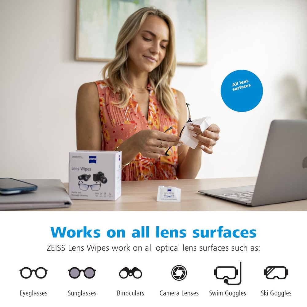 ZEISS individually wrapped wipes are ideal for travel in any bag.