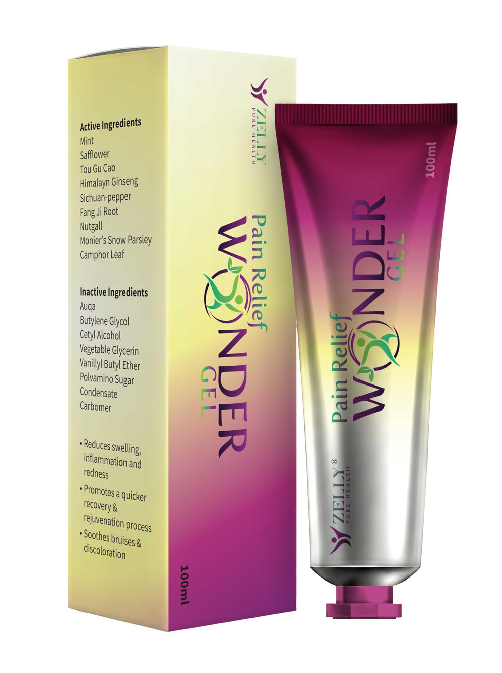 Zelly Pure Health Wonder Gel tube close-up for fast-acting muscle relief
