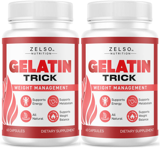 ZELSO Gelatin Trick bottle front showing compact daily energy support