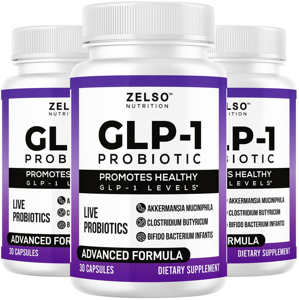 ZELSO GLP-1 probiotic bottle featuring Akkermansia Muciniphila for gut balance.