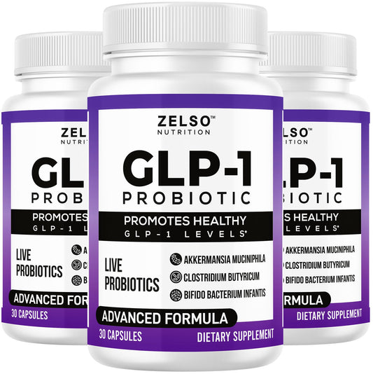 ZELSO GLP-1 probiotic bottle featuring Akkermansia Muciniphila for gut balance.