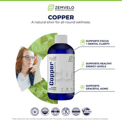 Zemvelo bottle with CHD-Fulvic chelated copper close-up highlighting enhanced absorption.