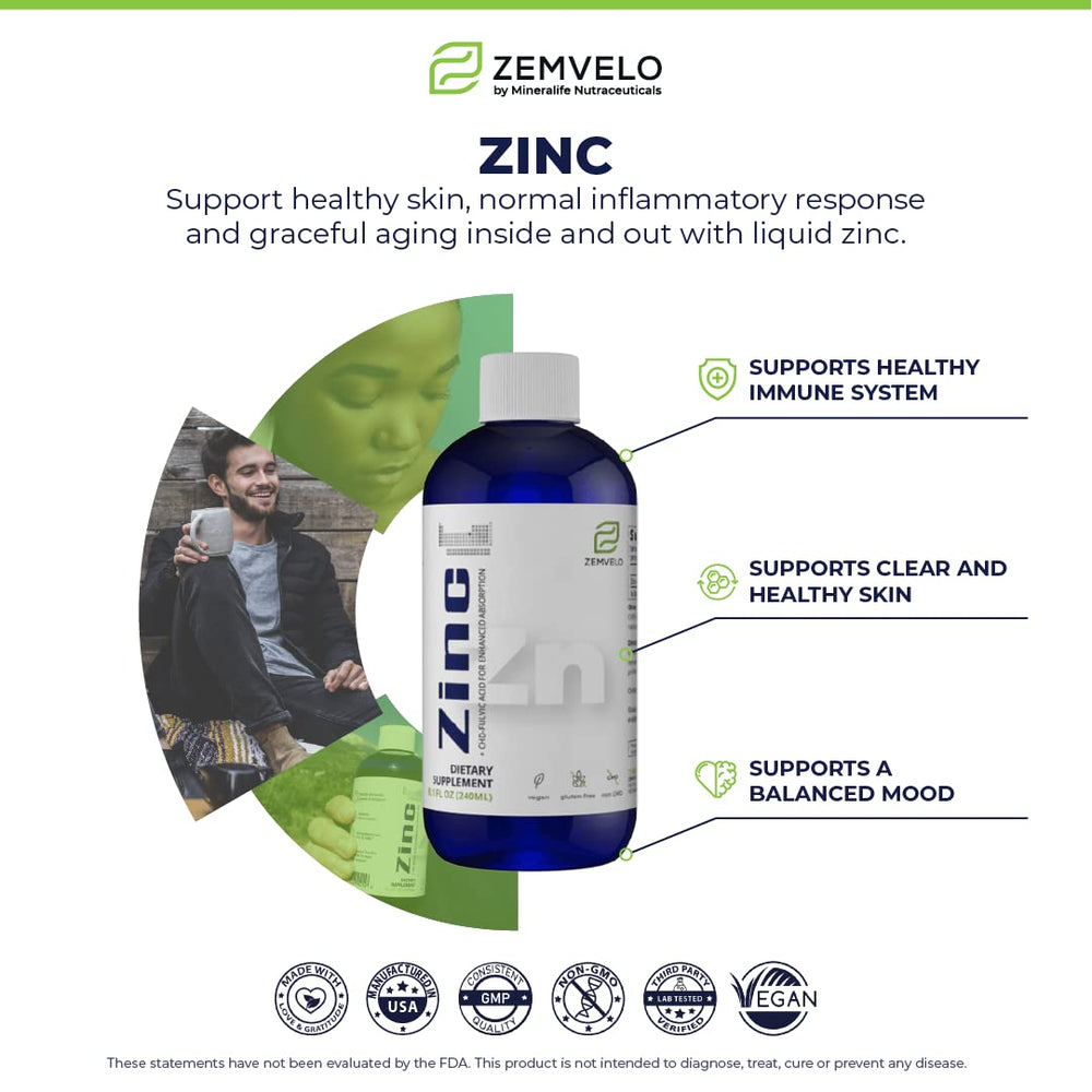 Zemvelo Zinc supplement label close-up signaling trusted formula