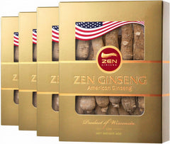 Zen Ginseng 4-boxes American Ginseng Root packaging; premium U.S.-grown vitality.