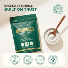 ZEN HALAL Collagen Powder on kitchen counter highlights versatile use across meals
