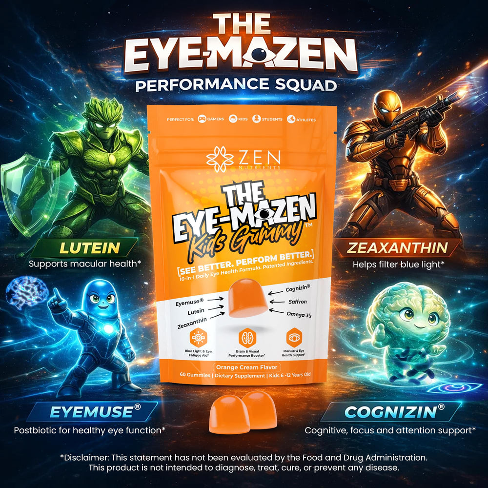 Zen Nutrients EyeMazen bottle pour illustrates easy daily dosing for kids.