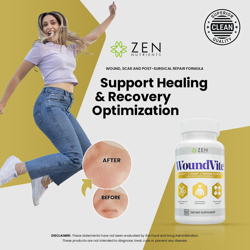 Zen Nutrients WoundVite bottle beside measuring cup for easy daily dosing.