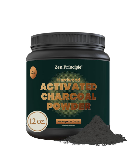 Zen Principle activated charcoal powder container shows purity for whitening teeth and skin care.
