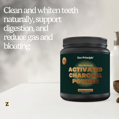 Zen Principle activated charcoal powder kitchen-use image highlights versatile cosmetic and culinary prep.