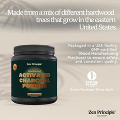 Zen Principle activated charcoal powder eco-packaging image signals sustainable materials.