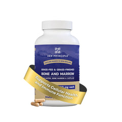 Zen Principle grass-fed beef bone marrow capsules show the capsule form and potency.