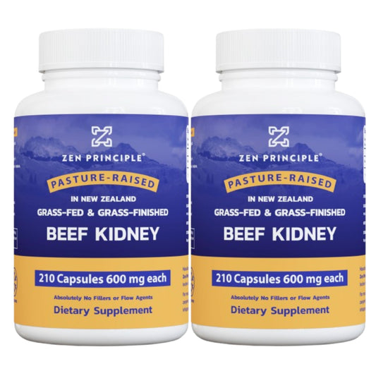 Zen Principle Grass-Fed Beef Kidney supplement bottle front shows a clean, pure label for trust and quality.