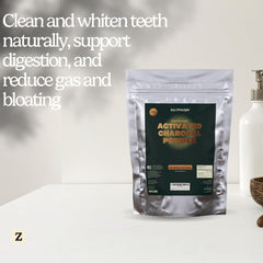 Zen Principle charcoal powder used in hair care for refreshing shine.