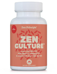 Zen Principle Zenculture bottle front showing a 4-in-1 synbiotic formula for daily digestion