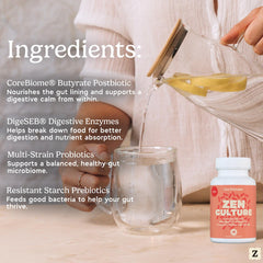 Serving scoop beside ZenCulture capsules suggests convenient daily dosing.