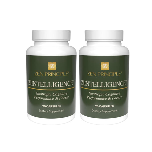 Zen Principle Zentelligence bottle close-up promotes calm focus for studying.