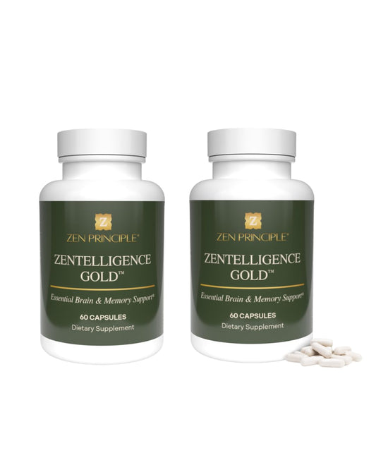 Zen Principle Zentelligence Gold bottle displaying premium brain supplement for memory and focus