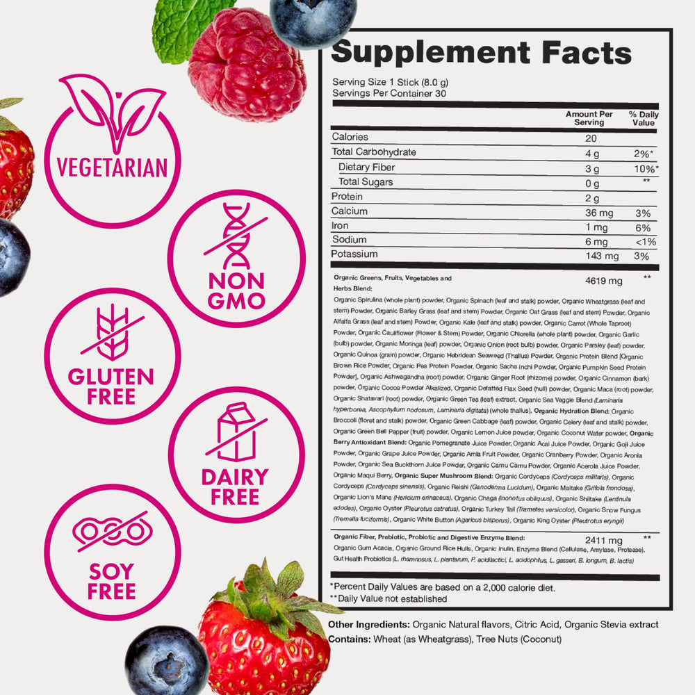 Zena Nutrition greens powder in a glass with berries, tasty daily wellness.