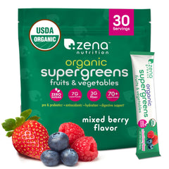 Zena Nutrition Organic Super Greens mixed-berry shake in a glass supports convenient daily nutrition.