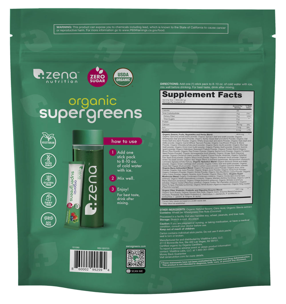 Zena Nutrition powder highlighting zero sugar and natural ingredients.
