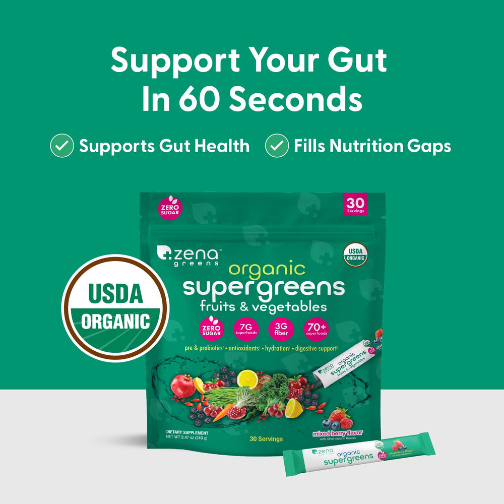 Zena Nutrition stick-pack on-the-go for easy greens anywhere.
