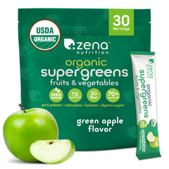Zena Nutrition Organic Super Greens powder tub for daily nourishment with 70+ superfoods.