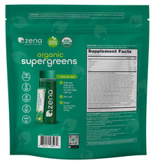 Zena Nutrition vegan gluten-free label indicates allergen-friendly greens.