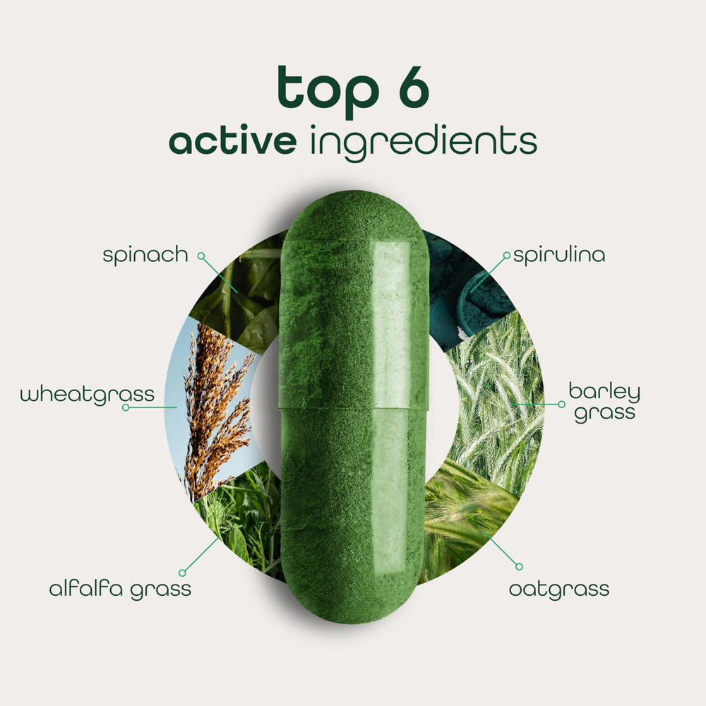 Zena Nutrition Super Greens capsules close-up emphasizing convenient on-the-go taking