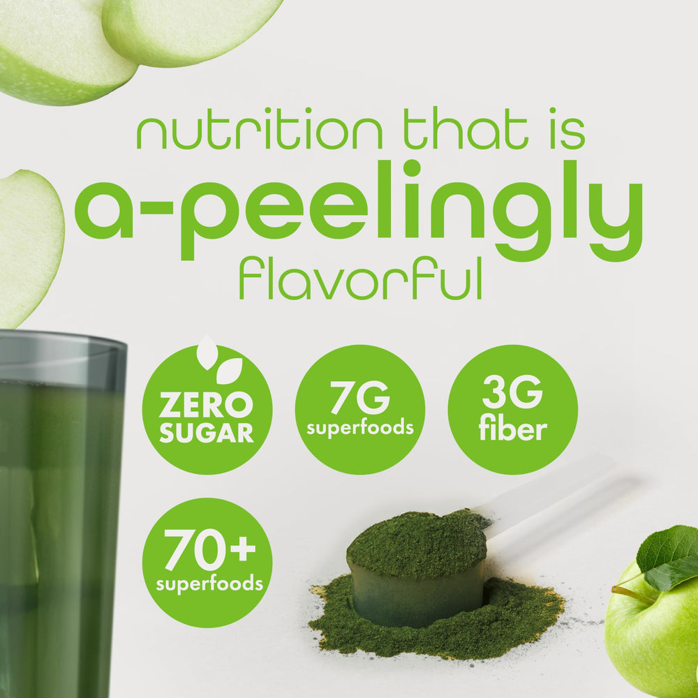 Glass with green apple shake featuring Zena Nutrition Greens for a refreshing pick-me-up.