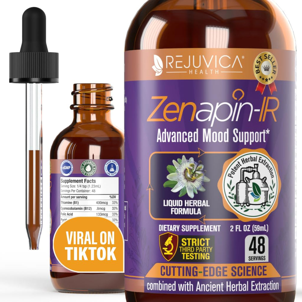 Zenapin-IR bottle and dropper showing mood support formula for daily calm