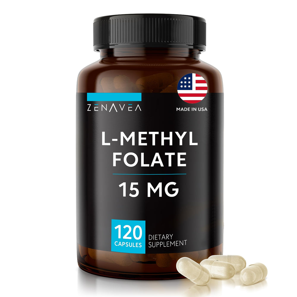 Zenavea L-Methylfolate 15 mg bottle close-up showing vegan capsules for daily folate support