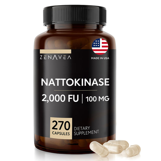 Zenavea nattokinase bottle front shows vegan formula that may support healthy circulation.