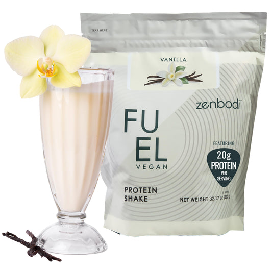 Zenbodi Fuel vegan protein bottle highlights vanilla flavor and clean nutrition