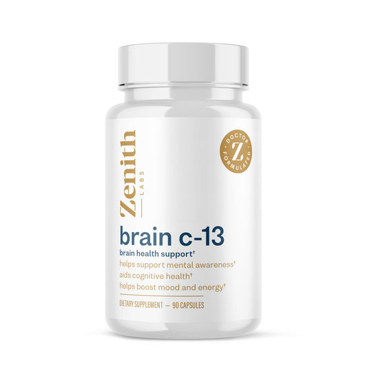 Zenith Labs Brain C-13 bottle closeup highlighting natural ingredients for focused thinking