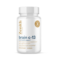 Zenith Labs Brain C-13 bottle closeup highlighting natural ingredients for focused thinking