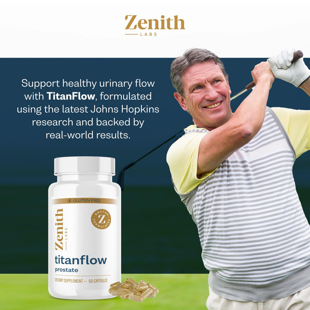 Zenith Labs TitanFlow daily-use scene with two capsules for routine wellness