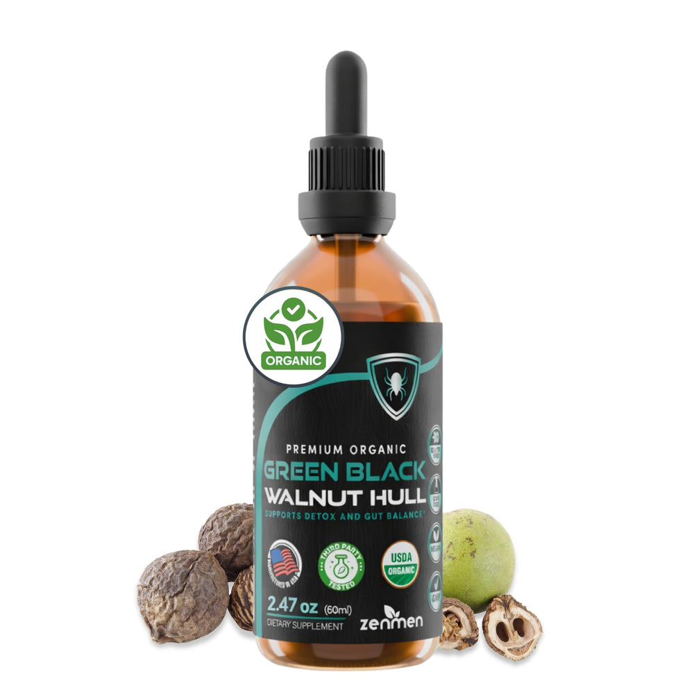 Zenmen green black walnut hull tincture bottle shows premium organic formula for daily wellness.