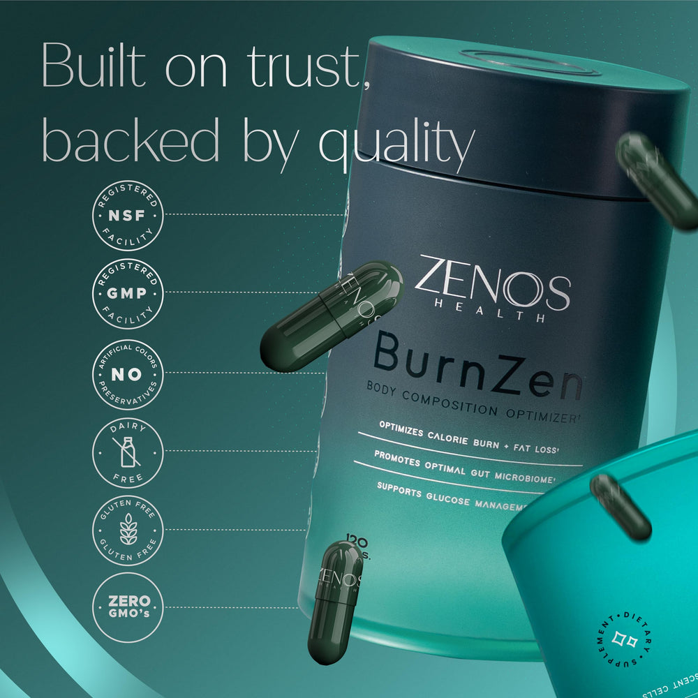 Zenos Health BurnZen label detail highlighting non-GMO and USA-made