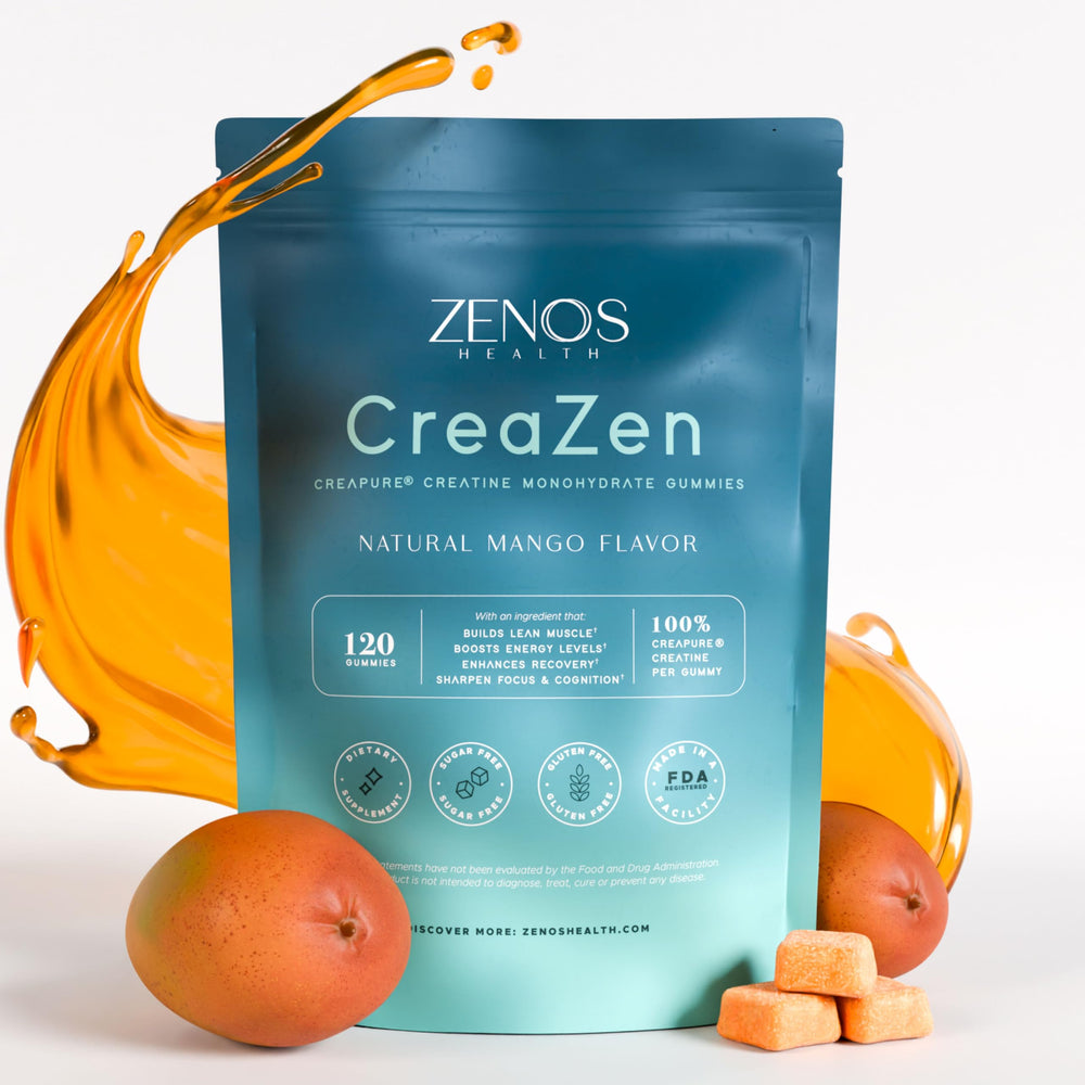 Zenos Health CreaZen mango gummies bottle for convenient creatine intake.