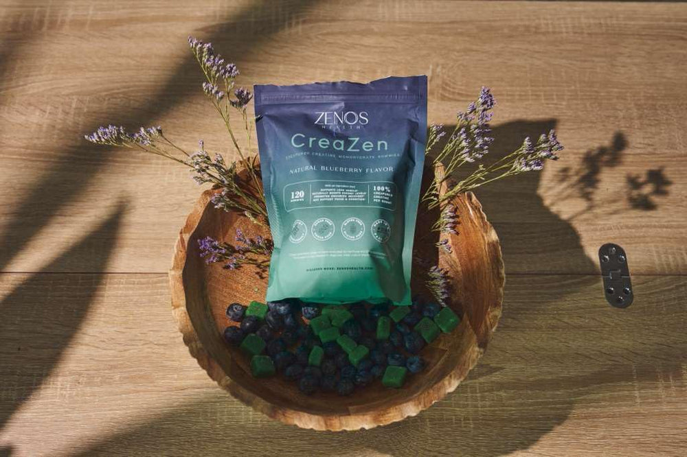 CreaZen serving panel shows four gummies delivering a full creatine dose.