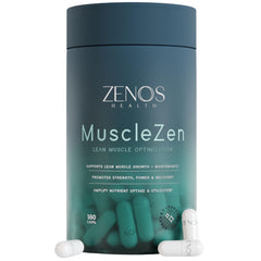 Zenos Health MuscleZen bottle with capsules for lean muscle support.