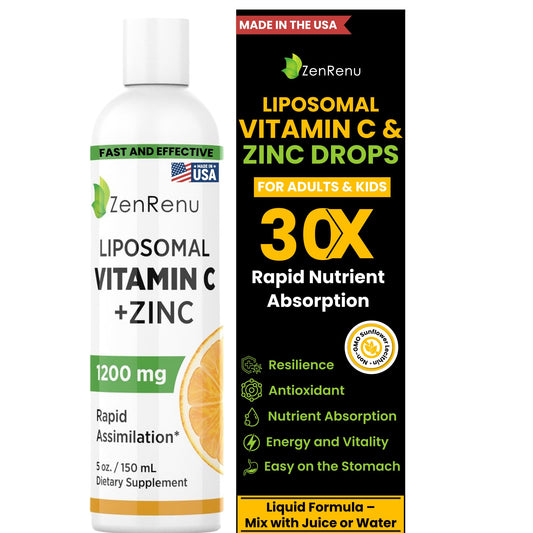 Zenrenu liposomal vitamin C + zinc bottle close-up, easy daily liquid.