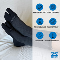 Zensah Bunion Ease Sock two-pack in black and grey for easy rotation.