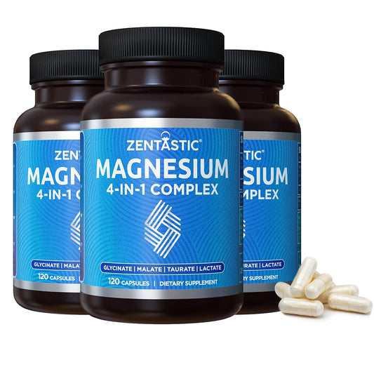 Zentastic Magnesium Complex bottle front highlighting a high-absorption formula for daily wellness.