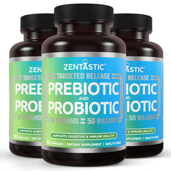 Zentastic Probiotics bottle front showing 50B CFU and 16 strains for digestive support.