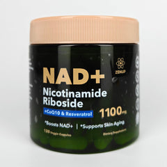 ZenUP NAD+ label close-up emphasizing resveratrol and quercetin blend.