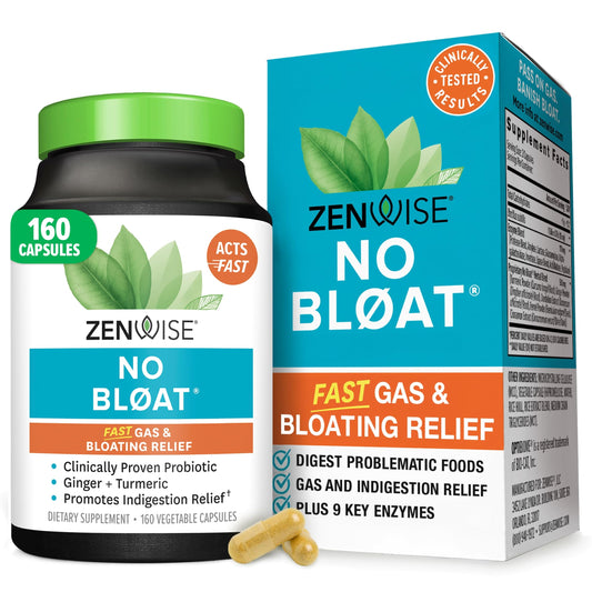 Zenwise No Bloat bottle showing multi-enzyme blend for after-meal comfort