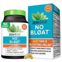 Zenwise No Bloat bottle showing multi-enzyme blend for after-meal comfort