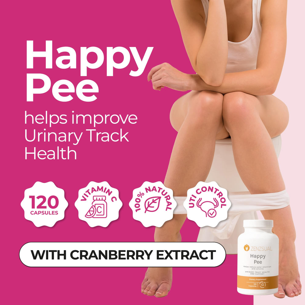 ZENZSUAL Happy Pee capsules close-up emphasizing D-Mannose and cranberry ingredients